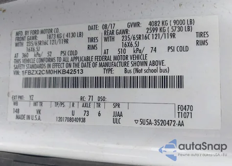 2017 Ford Transit-350 Xl z USA, uszkodzony, nr VIN 1FBZX2CM0HKB42513